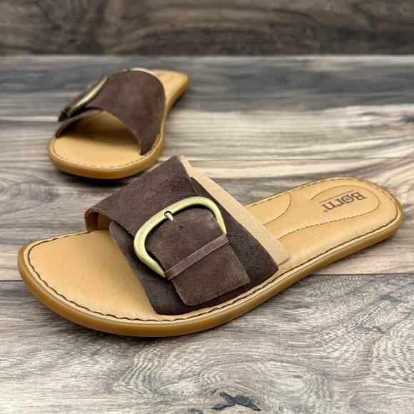 NIB Born Miarra 8M 38-39 Brown Suede Big Buckle Slide Sandals Brown Distressed - Picture 3 of 11